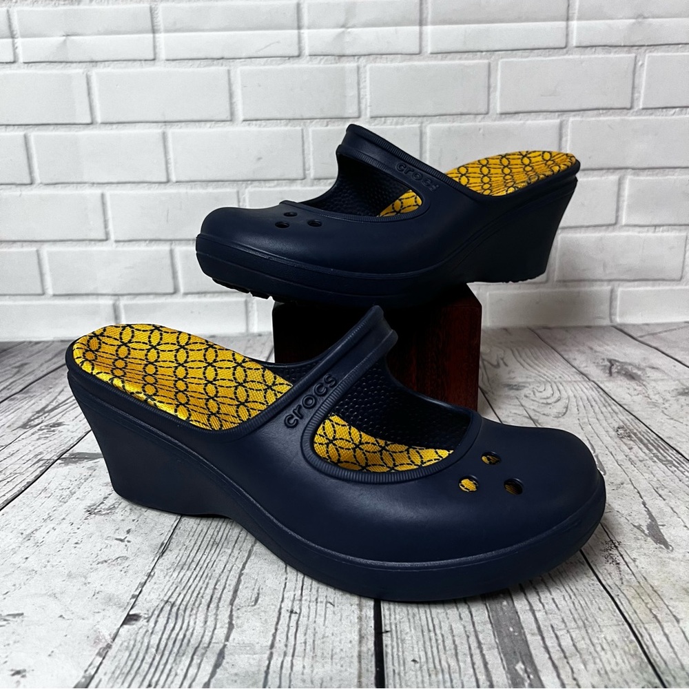 Crocs Women Sz 10 Frances Mary Jane Wedge Navy Blue Slip On Heel Clog Slide